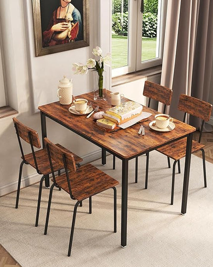 Dining Table Set for 4, 5-Piece Set Industrial Metal Wood 43.3" Kitchen Dining Table with 4 Dining Chairs, Indoor Modern Furniture Set for Dining Room, Dinette, Breakfast Nook, Rustic Brown - LeafyLoom