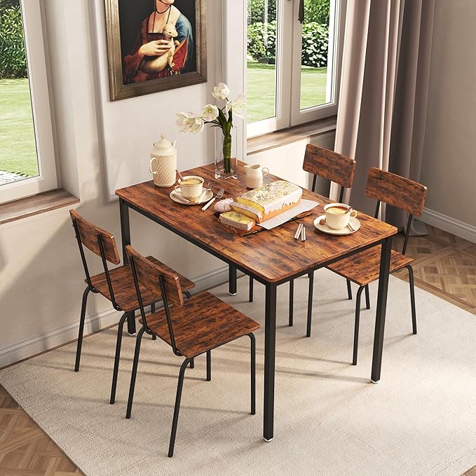 Dining Table Set for 4, 5-Piece Set Industrial Metal Wood 43.3" Kitchen Dining Table with 4 Dining Chairs, Indoor Modern Furniture Set for Dining Room, Dinette, Breakfast Nook, Rustic Brown - LeafyLoom