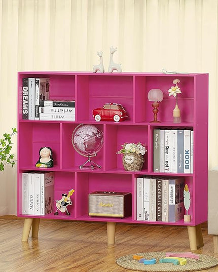 LEYAOYAO 10 Cube Bookshelf,3 Tier Modern Wide Bookcase with Legs,Mid-Century Wood Bookshelves Storage，Pink Large Book Case,Freestanding Organizer Display Shelf for Bedroom,Living Room,Office - LeafyLoom