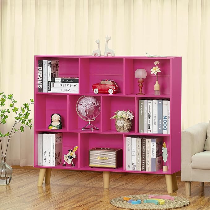 LEYAOYAO 10 Cube Bookshelf,3 Tier Modern Wide Bookcase with Legs,Mid-Century Wood Bookshelves Storage，Pink Large Book Case,Freestanding Organizer Display Shelf for Bedroom,Living Room,Office - LeafyLoom