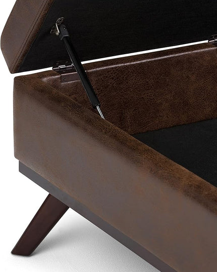 SIMPLIHOME Owen 36 Inch Wide Mid Century Modern Square Coffee Table Lift Top Storage Ottoman in Upholstered Distressed Chestnut Brown Faux Leather, For the Living Room - LeafyLoom