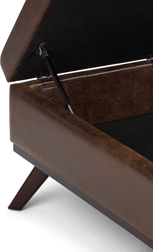 SIMPLIHOME Owen 36 Inch Wide Mid Century Modern Square Coffee Table Lift Top Storage Ottoman in Upholstered Distressed Chestnut Brown Faux Leather, For the Living Room - LeafyLoom
