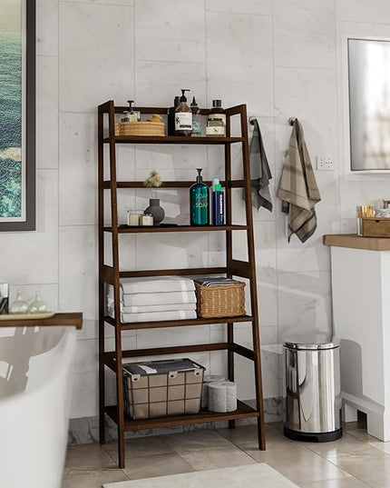 Ladder Bookcase, 4-Tier Leaning Bookshelf, Freestanding Open Display Storage Rack Shelf, Small Flower Plant Stand, Space Saving Bamboo Book Shelf, Walnut - LeafyLoom