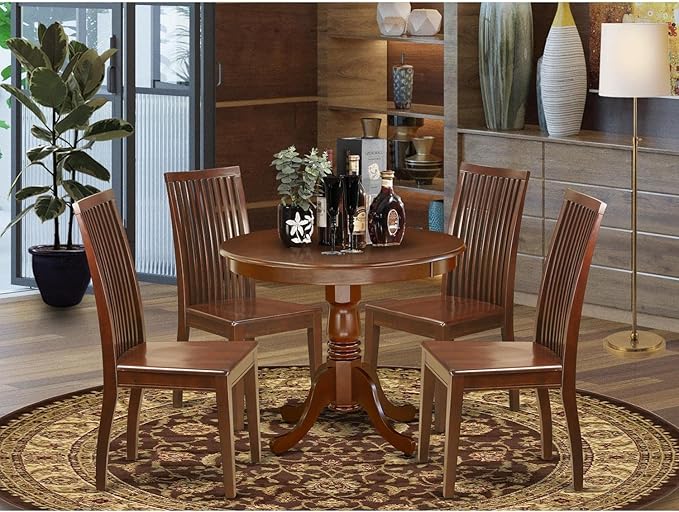 East West Furniture ANIP5-MAH-W 5 Piece Kitchen Set Includes a Round Table with Pedestal and 4 Dining Room Chairs, 36x36 Inch - LeafyLoom
