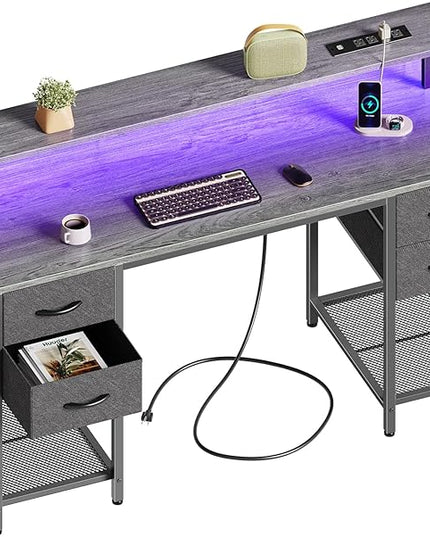 55 inch Computer Desk with 4 Drawers, Gaming Desk with LED Lights & Power Outlets, Home Office Desk with Large Storage Space for Bedroom, Work from Home, Gray - LeafyLoom