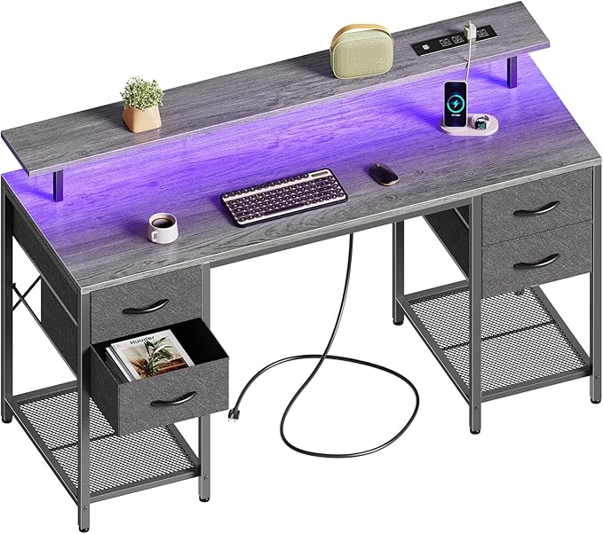 55 inch Computer Desk with 4 Drawers, Gaming Desk with LED Lights & Power Outlets, Home Office Desk with Large Storage Space for Bedroom, Work from Home, Gray - LeafyLoom