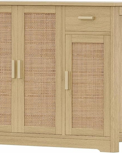 Irontar Kitchen Storage Cabinet, Sideboard Buffet Cabinet with Rattan Decorated Doors, Farmhouse Console Table with Drawer, Coffee Bar, Accent Table for Kitchen, Living Room, Hallway, Natural CWG010M - LeafyLoom