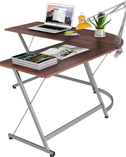 SHW L-Shaped Computer Gaming Desk, Walnut - LeafyLoom