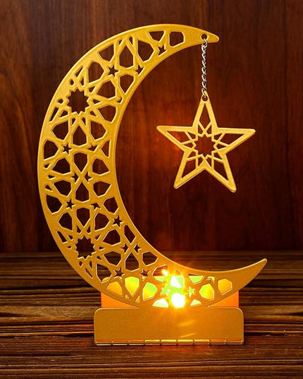 Eid Crafts Night Light 3D Metal Ramadan Eid Mubarak Ornaments Ramadan Decorations Ramadan Table Decor Ramadan Mubarak Light with 2 LED Candles for Home Eid Party Supplies (Stylish) - LeafyLoom
