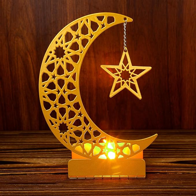 Eid Crafts Night Light 3D Metal Ramadan Eid Mubarak Ornaments Ramadan Decorations Ramadan Table Decor Ramadan Mubarak Light with 2 LED Candles for Home Eid Party Supplies (Stylish) - LeafyLoom