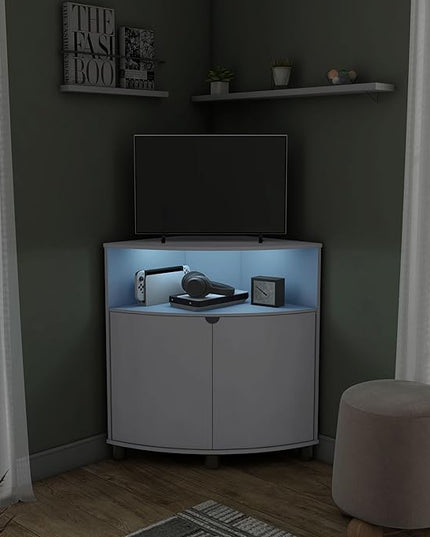 Berg Modern 31-inch 16 Colors LED Corner Cabinet with Doors and 2 Shelves, USB Charge Cord, Small TV Stand for Living Room, Home Office, White Pure - LeafyLoom