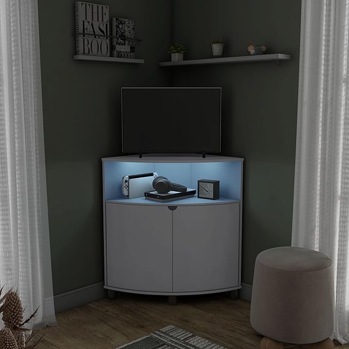 Berg Modern 31-inch 16 Colors LED Corner Cabinet with Doors and 2 Shelves, USB Charge Cord, Small TV Stand for Living Room, Home Office, White Pure - LeafyLoom