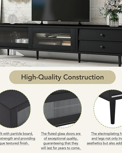 Merax Chic Elegant Design TV Stand with Sliding Fluted Glass Doors and Ample Space, Slanted Drawers Media Console for Televisions Up to 75", Modern Storage Cabinet, 70.86 inch Length, Black - LeafyLoom
