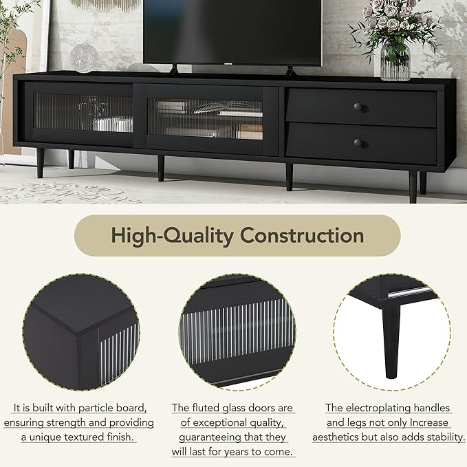 Merax Chic Elegant Design TV Stand with Sliding Fluted Glass Doors and Ample Space, Slanted Drawers Media Console for Televisions Up to 75", Modern Storage Cabinet, 70.86 inch Length, Black - LeafyLoom