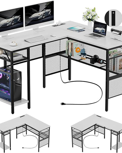 Reversible L Shaped Computer Desk Power Outlets and USB Ports, Large Corner Desk, Sturdy Home Office Gaming Table with Storage Shelf, Unique Grid Design Writing Desk, Easy to Assemble, White - LeafyLoom
