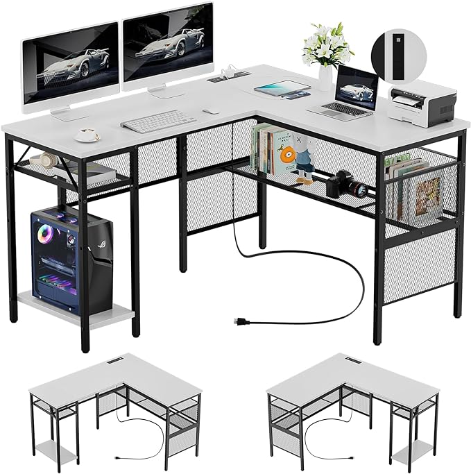 Reversible L Shaped Computer Desk Power Outlets and USB Ports, Large Corner Desk, Sturdy Home Office Gaming Table with Storage Shelf, Unique Grid Design Writing Desk, Easy to Assemble, White - LeafyLoom