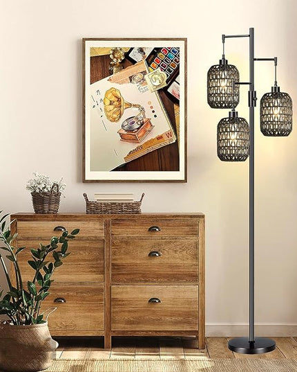 Floor Lamp for Living Room,Bedroom,Boho Rattan Floor Lights,Dimmable Industrial Black Farmhouse Tree 3 Standing Lamp Wicker Rustic Tall Lamp,Woven Bamboo Lamp Shade Floor Lamps Bohemian - LeafyLoom