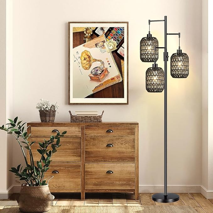Floor Lamp for Living Room,Bedroom,Boho Rattan Floor Lights,Dimmable Industrial Black Farmhouse Tree 3 Standing Lamp Wicker Rustic Tall Lamp,Woven Bamboo Lamp Shade Floor Lamps Bohemian - LeafyLoom