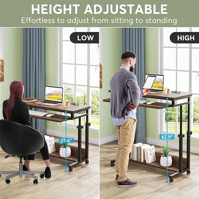 Tribesigns Portable Desk for Sofa and Bed, Height Adjustable Laptop Table Small Standing Desk Rolling Computer Cart with Keyboard Tray on Wheels for Home Office - LeafyLoom
