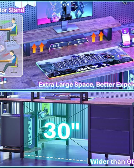 Aheaplus L Shaped Desk with Hutch, Gaming Desk with Led Lights, Reversible Computer Desk with Power Outlet, Corner Desk with File Drawer & Monitor Stand, Storage Shelves for Home, F1, Rustic Brown - LeafyLoom