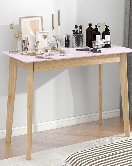 TaoHFE Pink Vanity Desk with Solid Rubber Wood Legs Glossy Pink 39 Inch Vanity Table Computer Desk for Home Small Spaces Girl Makeup Desk Modern Vanity Desk No Mirror Dressing Table for Bedroom - LeafyLoom
