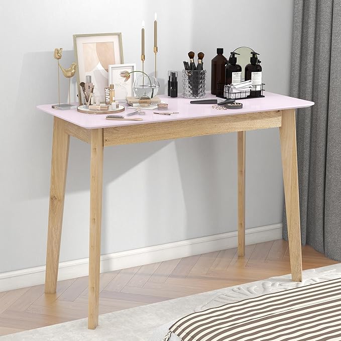 TaoHFE Pink Vanity Desk with Solid Rubber Wood Legs Glossy Pink 39 Inch Vanity Table Computer Desk for Home Small Spaces Girl Makeup Desk Modern Vanity Desk No Mirror Dressing Table for Bedroom - LeafyLoom