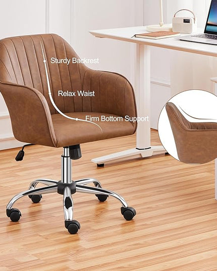 Yaheetech Modern Faux Leather Desk Chair Height Adjustable Task Chair Swivel Office Chair Makeup Chair Computer Chair Mid Back Chair Living Room Chairs with Arms Retro Brown - LeafyLoom