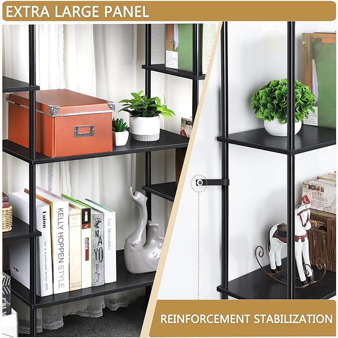 melos 4 Tier Bookshelf, Industrial Bookcase, Large Etagere Bookshelf Open Display Shelves with Metal Frame and 2 Anti-Tipping Strap, Black - LeafyLoom