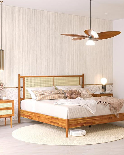 Bme Oliver King Bed Frame and Headboard - 15-Inch Signature Design with Rattan Headboard, Bohemian and Mid Century Style, 12-Slat Wood Support, No Box Spring Needed - Easy Assembly, Caramel - LeafyLoom