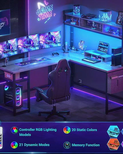 Aheaplus L Shaped Desk with Power Outlet & LED Strip, Reversible L-Shaped Corner Computer Desks Gaming Desk with Storage Shelf & Monitor Stand, Modern 2 Person Home Office Desk Writing Desk, White Oak - LeafyLoom