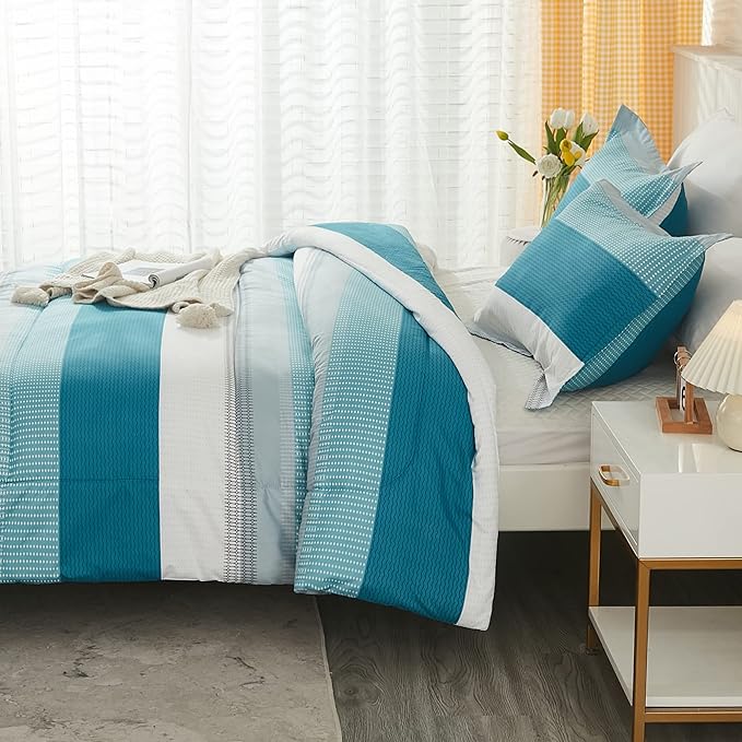 Litanika Teal White Bed Comforter Twin Set, XL Twin Comforter Striped Bedding Comforter Set, 2 Pieces Lightweight Soft All Season Down Alternative Comforter (1 Comforter, 1 Pillowcase) - LeafyLoom