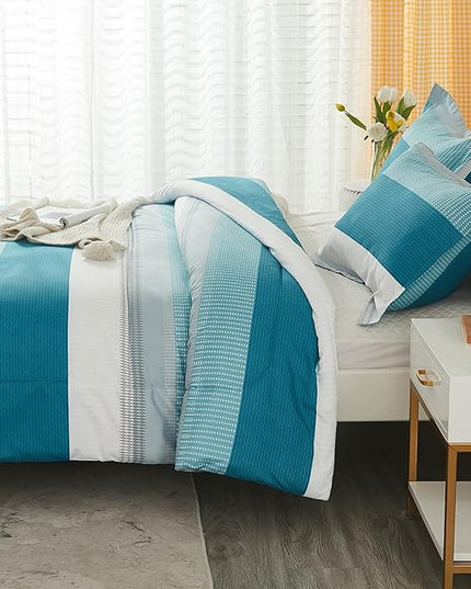 Litanika Full Comforter Set White Teal - 3 Pieces Lightweight Fluffy Bedding Comforter Sets, All Season Down Alternative Comforter (1 Comforter, 2 Pillowcases) - LeafyLoom