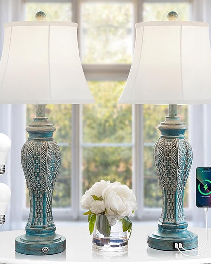 27.5'' Set of 2 Table Lamps for Living Room,Vintage Nightstand Bedside Lamps with 2-USB Charging Ports, Retro 3-Way Dimmable Touch Lamps for Nightstand Bedroom (2 Bulbs Includ Blue Washed) - LeafyLoom