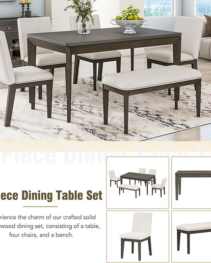 Dining Table Set for 6, Dining Table Set with Upholstered Dining Chairs and Bench, Farmhouse Wooden Rectangular Dining Table with Tapered Legs for Dining Room, Living Room, Dark Grey+Beige - LeafyLoom