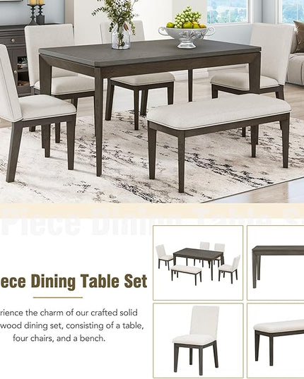 6-Piece Wood Rectangular Dining Table Set with 4 Full Back Padded Chairs & Bench, Tapered Legs, for Kitchen Living Room, Farmhouse Style, Dark Gray, 60" L x 36" W x 30.3" H - LeafyLoom