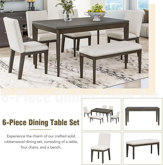 6-Piece Wood Rectangular Dining Table Set with 4 Full Back Padded Chairs & Bench, Tapered Legs, for Kitchen Living Room, Farmhouse Style, Dark Gray, 60" L x 36" W x 30.3" H - LeafyLoom