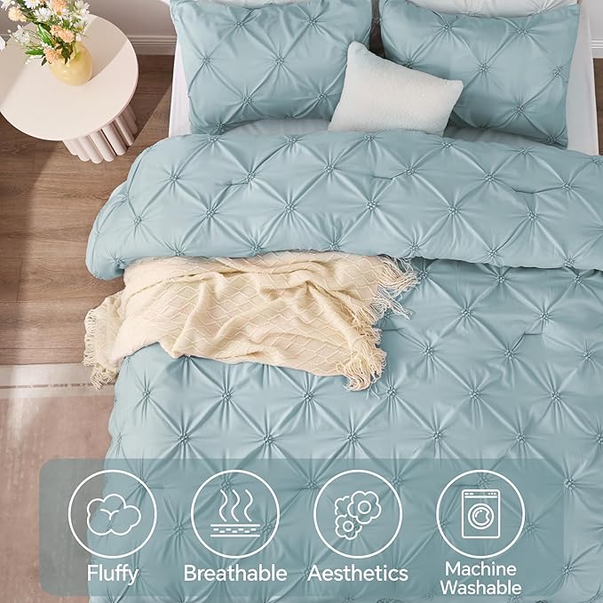 BEDELITE Light Blue Twin Comforter Set for Girls - 2 Peices Boho Pintuck Bedding Comforter Sets, Lightweight Soft & Warm Twin Bedding Sets with 1 Pillowcase for All Season - LeafyLoom