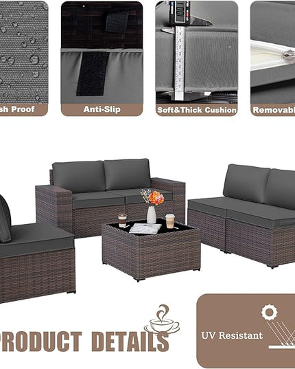 Patio Furniture Set Sofa 6-Piece Wicker PE Rattan Sectional Sofa Set, Outdoor Furniture Patio Conversation Set with Glass Coffee Table, Grey - LeafyLoom