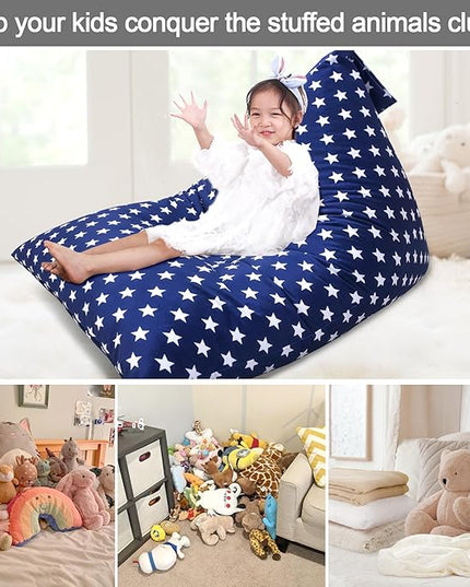 Jorbest Stuffed Animal Storage Bean Bag Chair for Kids and Adults, Stuffed Animal Bean Bag Storage, Luxury Velvet Soft Bean Bag Cover Only (Navy with White Stars 200L/52 Gal) - LeafyLoom