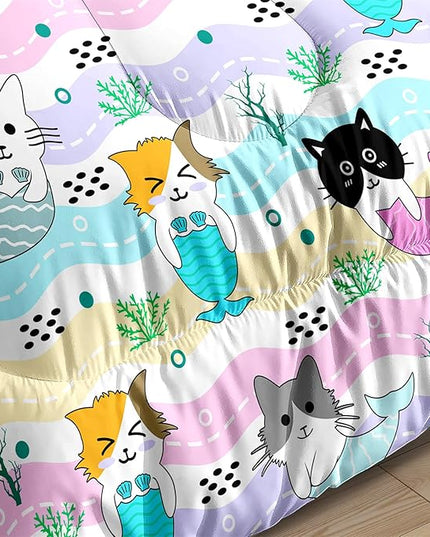 Girls Cat Bedding Set Queen Size - 3Pcs Cute Cartoon Mermaid Tail Cat Patterns Comforter Set for Girls Boys Kids Bedroom Cat Bedding Room Decor for All Season, 1 Comforter 2 Pillow Cases - LeafyLoom