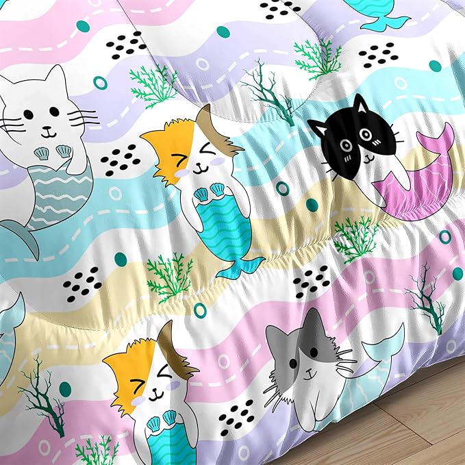 Cartoon Cat Comforter Set for Girls - Full Size Girls Cat Bedding Set for Bedroom Ultra Soft Warm Cute Mermaid Tail Cat Patterns Comforter Set for All-Season, 1 Comforter with 2 Pillowcases - LeafyLoom
