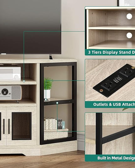 YITAHOME Corner TV Stand for TVs up to 55/50 Inch with Power Outlet, Modern Farmhouse Entertainment Center, Wood TV Media Console with Storage Cabinets Shelves for Living Room, White Oak - LeafyLoom