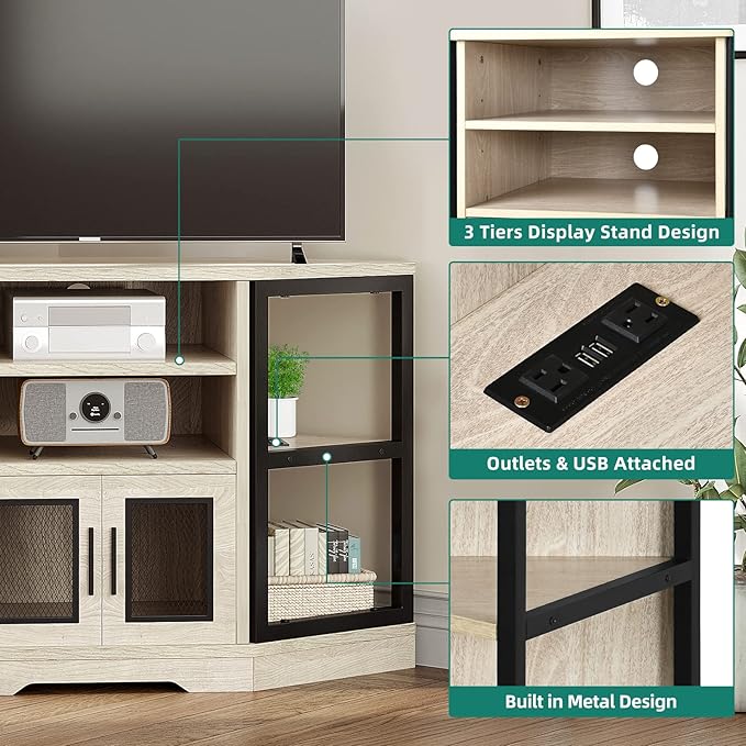 YITAHOME Corner TV Stand for TVs up to 55/50 Inch with Power Outlet, Modern Farmhouse Entertainment Center, Wood TV Media Console with Storage Cabinets Shelves for Living Room, White Oak - LeafyLoom