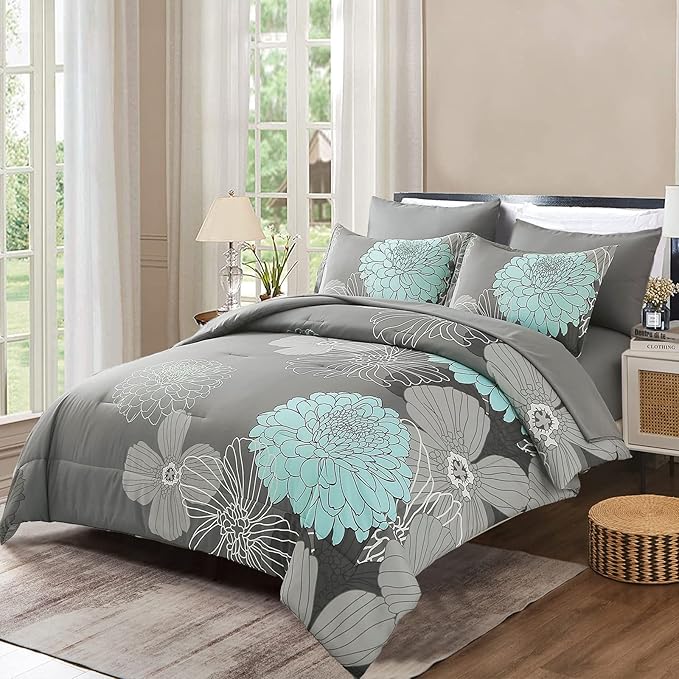 Yiran 7 Pieces Bed in a Bag Floral Comforter Set Green Flowers Bedding Set Soft Microfiber King Comforter Sets with 1 Comforter 1 Flat Sheet 1 Fitted Sheet 2 Pillowshams and 2 Pillowcases - LeafyLoom