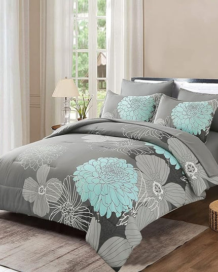 Yiran 7 Pieces Bed in a Bag Floral Comforter Set Queen Flowers Bedding Set Soft Microfiber Comforter Sets with 1 Comforter 1 Flat Sheet 1 Fitted Sheet 2 Pillowshams and 2 Pillowcases - LeafyLoom