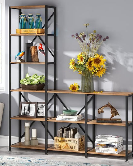 Tribesigns 9 Shelves Bookshelves, Industrial Ladder Corner Etagere Bookcase, Rustic 6-Tier Display Open Shelf Storage Organizer for Living Room - LeafyLoom