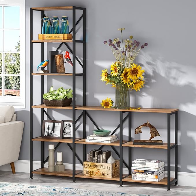 Tribesigns 9 Shelves Bookshelves, Industrial Ladder Corner Etagere Bookcase, Rustic 6-Tier Display Open Shelf Storage Organizer for Living Room - LeafyLoom