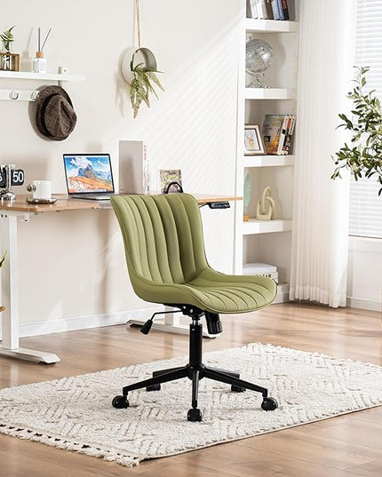 YOUNIKE Armless Office Chair Swivel Desk Chair with Wheels Upholstered Leather Task Computer Chair Adjustable Modern Rolling Gaming Chair Avocado Green Vanity Chair - LeafyLoom