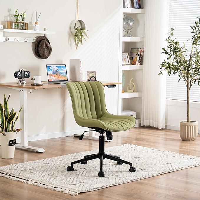 YOUNIKE Armless Office Chair Swivel Desk Chair with Wheels Upholstered Leather Task Computer Chair Adjustable Modern Rolling Gaming Chair Avocado Green Vanity Chair - LeafyLoom