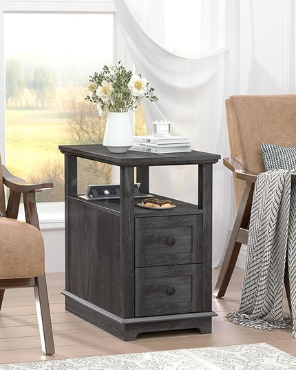HIFYOBRO End Table with 2 Drawers, Storage Side Table with Flip Top Fast Charging Station, Type-C & USB port & Power outlets, Wooden Storage Cabinet for Living Room and Bedroom - LeafyLoom